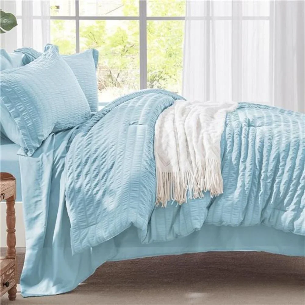 New Full Comforter Set 7 Pieces, Light Blue Seersucker Bed in a Bag